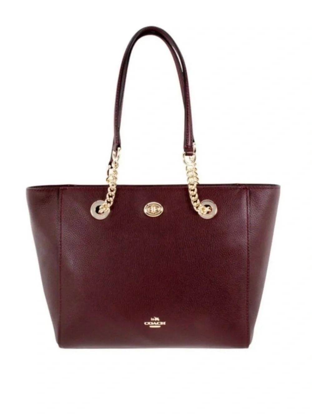 Coach Turnlock Chain Tote Bag Oxblood Leather maroon gold
